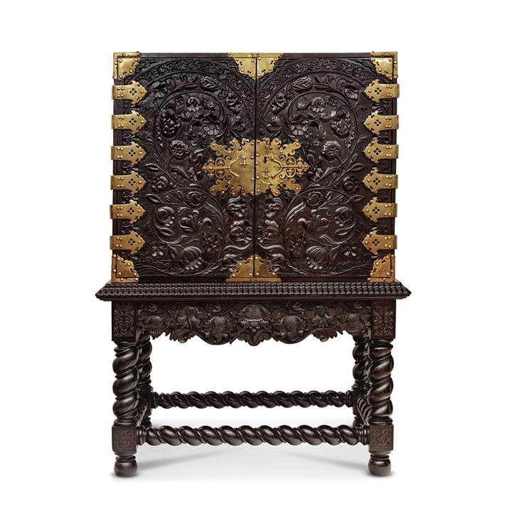 Batavian Brass-Mounted Carved Ebony Cabinet on Stand